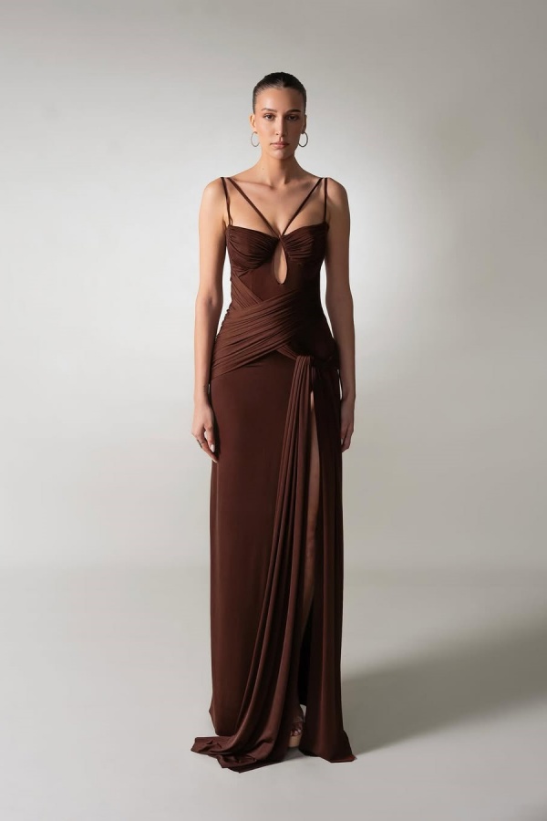 Chocolate Spaghetti-Straps Split Pleated Summer Prom Dress ZT0634 Chocolate Spaghetti-Straps Split Pleated Summer Prom Dress ZT0634