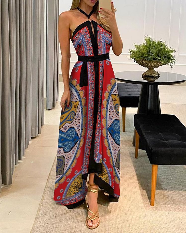 Halter Scarf Print High Slit Maxi Dress - Shop Trendy Women's Clothing | LoverChic