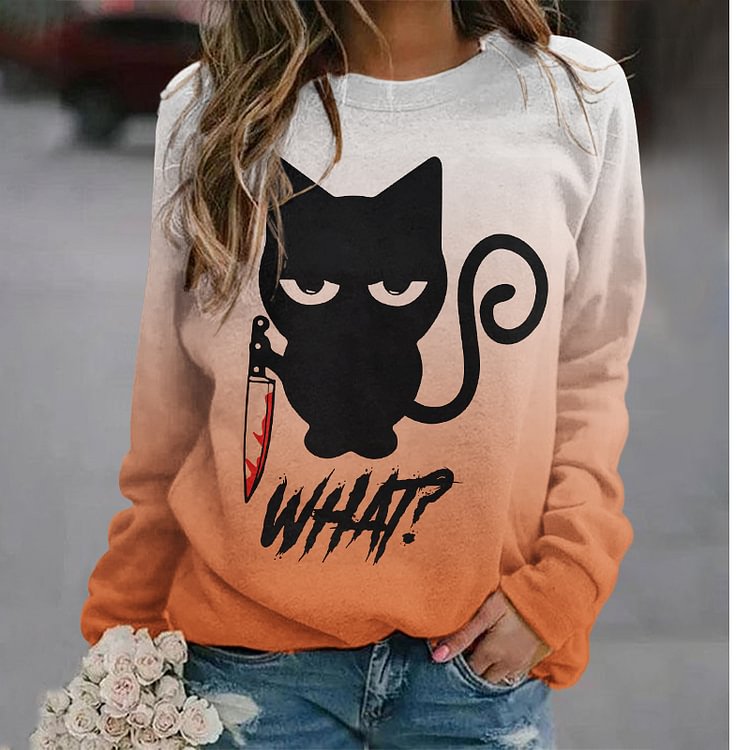 Crew Neck Orange Gradient Spoof Cat Sweatshirt