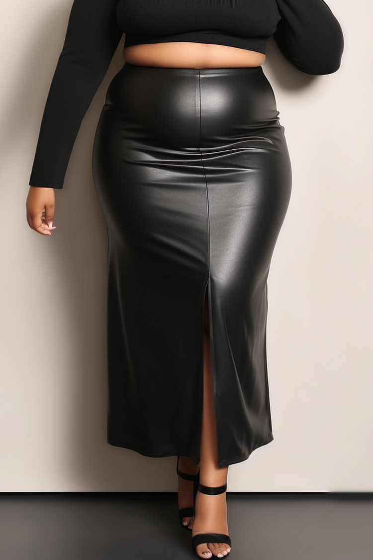 Plus Size Semi Formal Skirts Elegant Black Fall Winter Split PU Leather Skirts [Pre-Order]