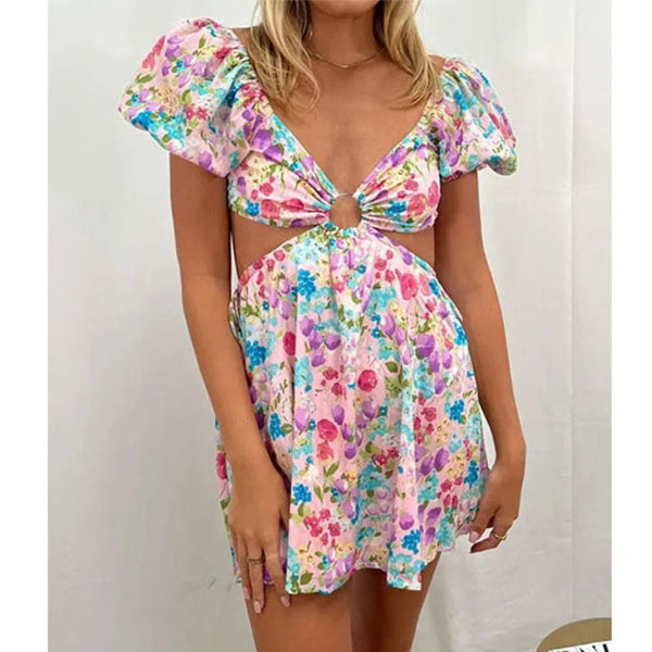 Cutout Colorful Flower Print Mini Dress / [blueesa] /
