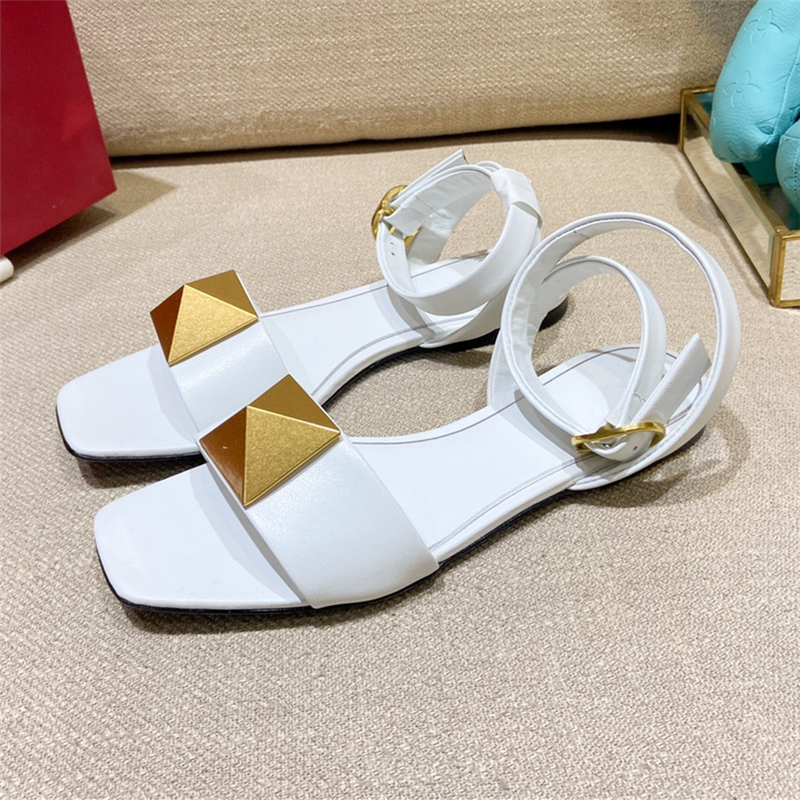 Big Rivet Ankle Strap Sandals Women Flat Heel Open Toe Genuine Leather Multicolor Shoes