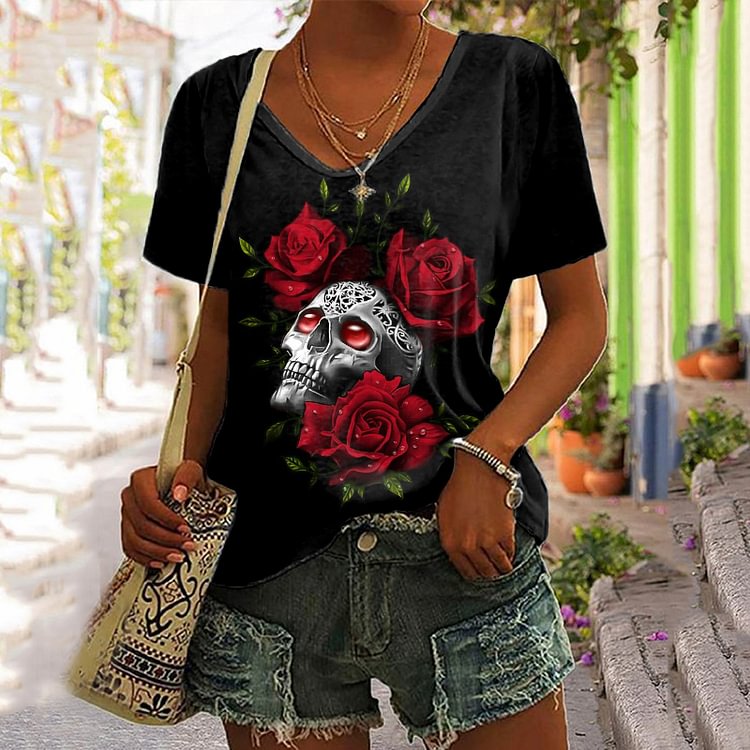 Vefave Casual Rose Skull Print T-Shirt
