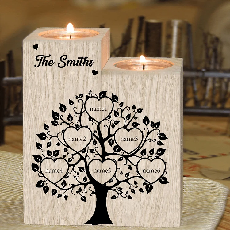 Family Name Wooden Heart Candle Holder Custom 6 Names Family Tree Candlesticks