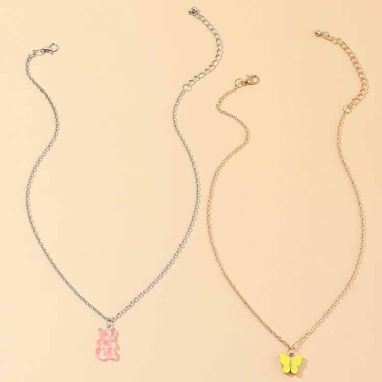 Nz1766 Ornament Sweet Cute Pink Bear Necklace Elegant Trendy Butterfly Necklace Suit