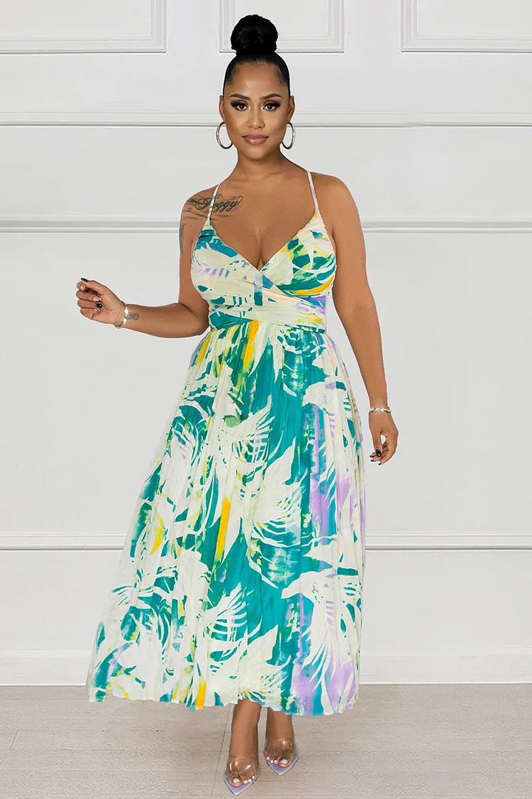 Pattern Print Halter Crossover Backless A-Line Pleated Flowy Vacation Midi Dresses