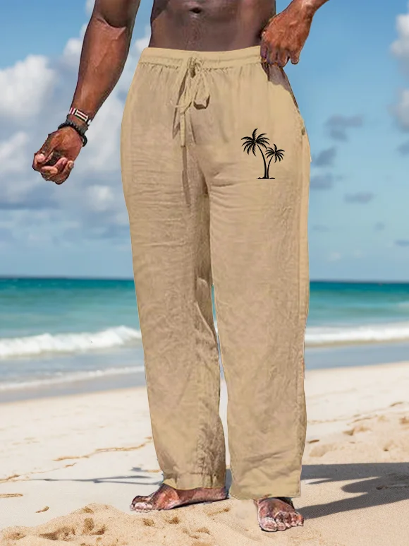 Suitmens Men's Coconut tree pattern Cotton And Linen Trousers