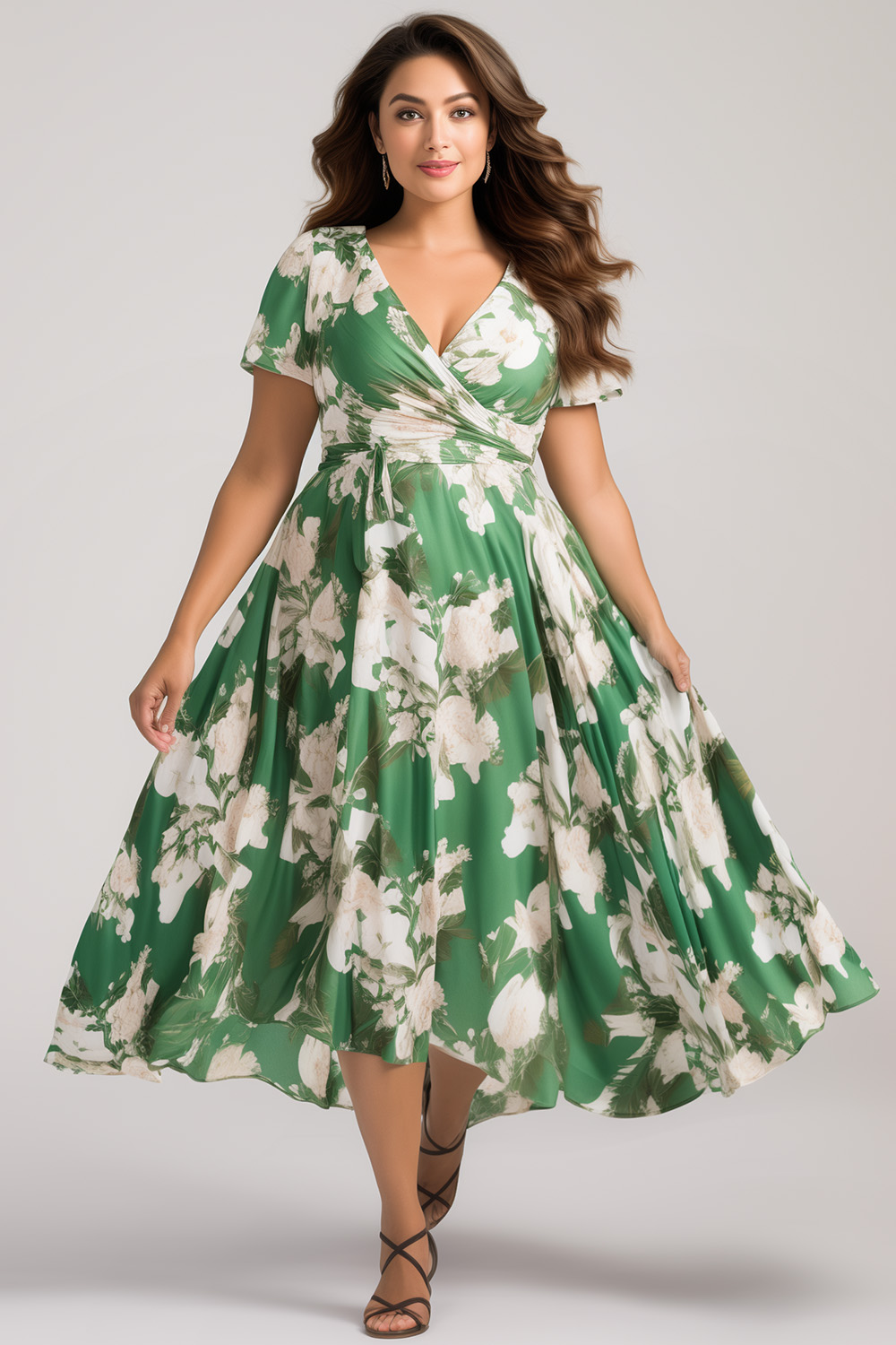 Flycurvy Plus Size Vacation Green Chiffon Floral Print Wrap Midi Dress