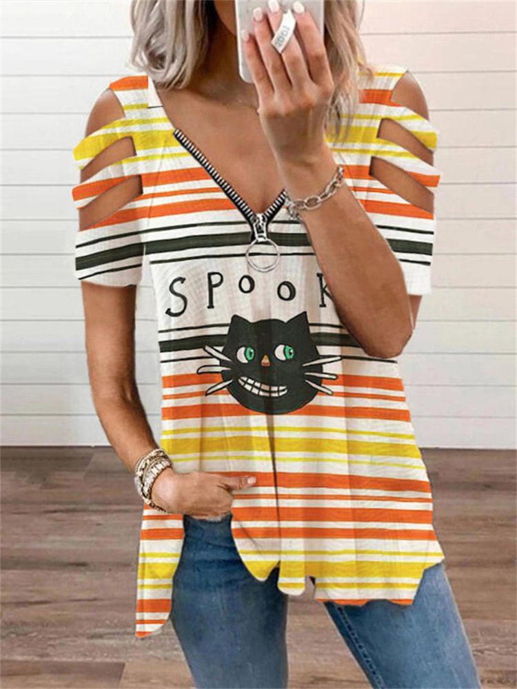 Halloween Spooky Cat Painting Hollow Shoulder T Shirt