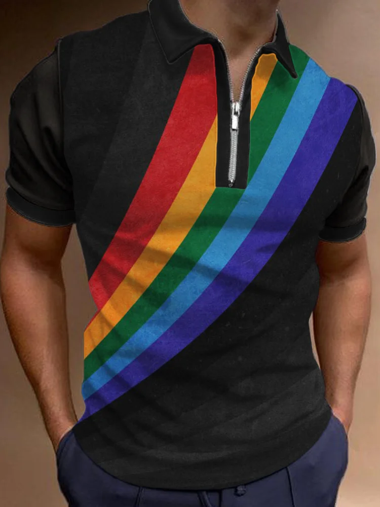 Rainbow Stripe Art Zip Up Polo Shirt