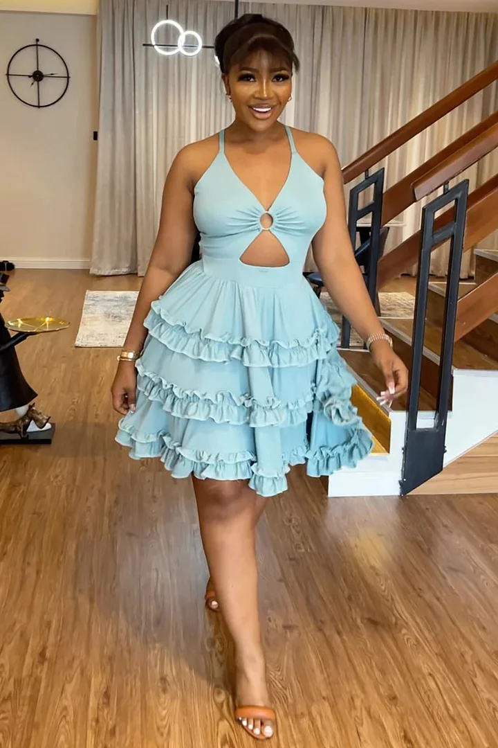Cut Out Halter Crossover Backless A-Line Tiered Ruffled Cocktail Party Mini Dresses