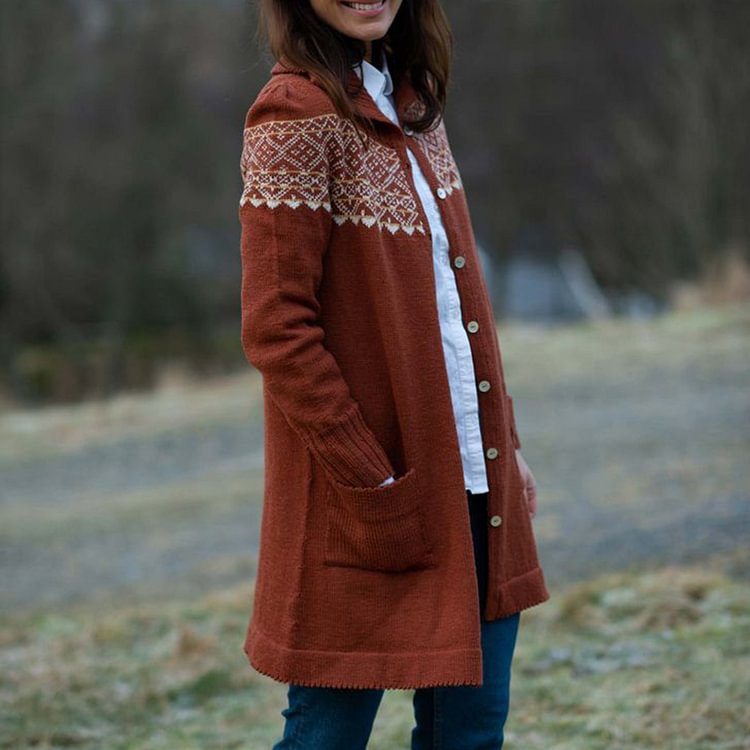 Vefave Iceland Jacquard Lapel Button Sweater Cardigan