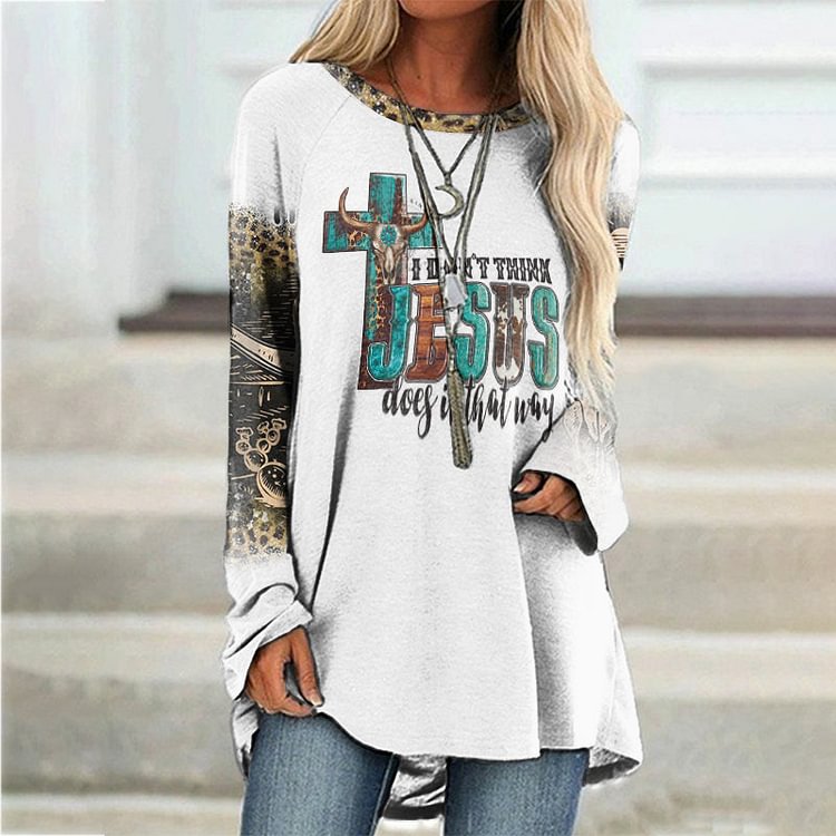 VChics Retro Round Neck Ethnic Tribal Letter Printed Long Sleeve T-Shirt