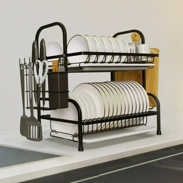 Dish Drying Rack for Countertop, Space-Saving & Multipurpose Rustproof 2-Tier Dish Rack for Kitchen Counter with Utensil Holder, Black