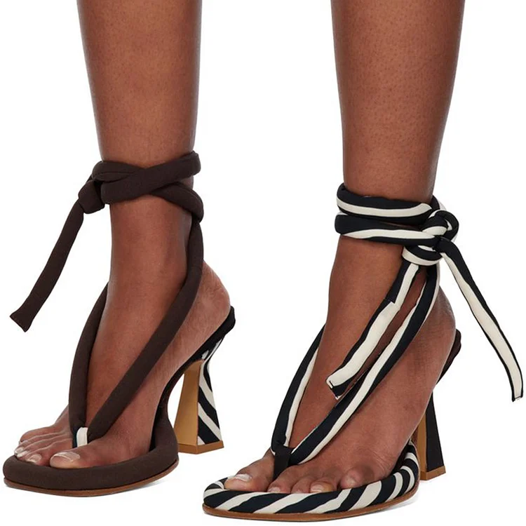 FSJ Classic Zebra Print Shoes Ankle Wrap Flared Heel Thong Sandals |FSJ Shoes