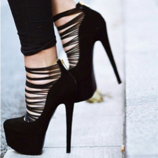 Black Strappy Heels Platform Stiletto Heels Pumps High Heel Shoes |FSJ Shoes