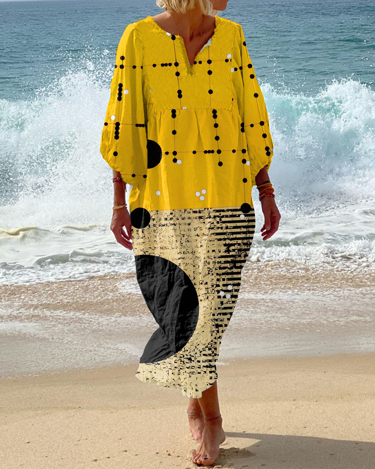 Abstract Art Print V-neck Holiday Loose Dress