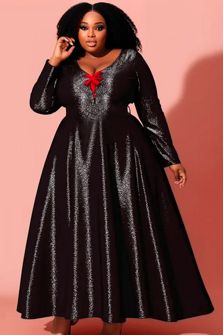 Plus Size Evening Maxi Dresses Elegant Black Fall Winter Long Sleeve Glitter Fabric Maxi Dresses [Pre-Order]