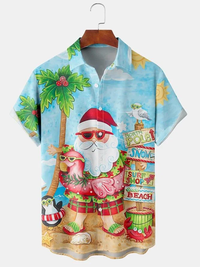 Men's Christmas Santa Surfing Flamingo Art Pattern Casual Print Shirt