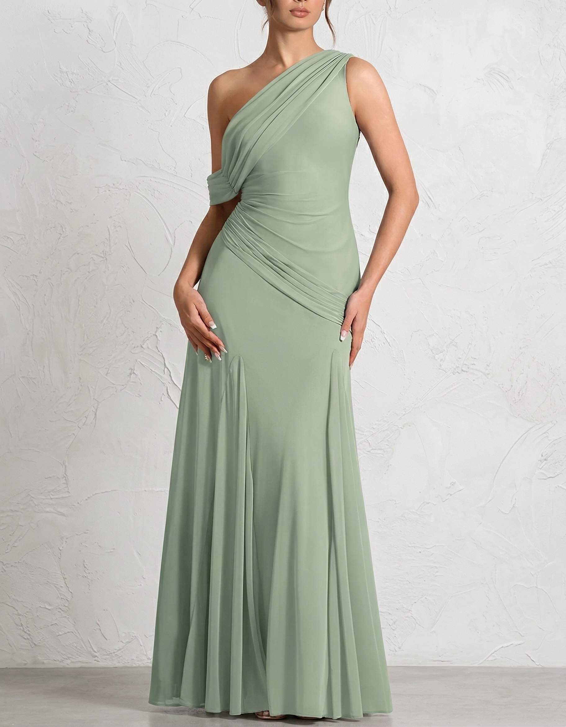 One-Shoulder Chiffon Fitted Waist Fishtail Maxi Dress
