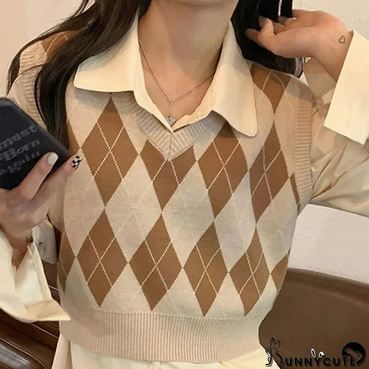 V-neck Rhombus Pattern Colorblock Vest Sweater