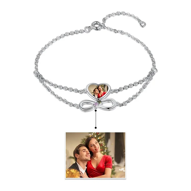 Heart Photo Bracelet Infinity Bracelet with 2 Birthstones Personalized Gift