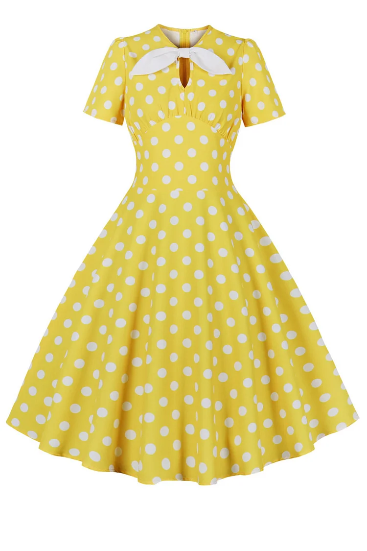 1950s Yellow Casual Polka Dot Bow Hollow Out Tunic Swing Midi Dress