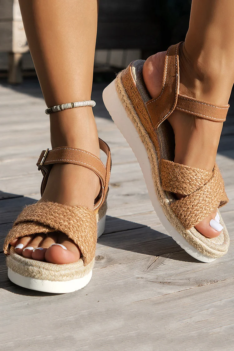 Casual Cross Ankle Strap Twine Crochet Espadrille Wedge Sandals
