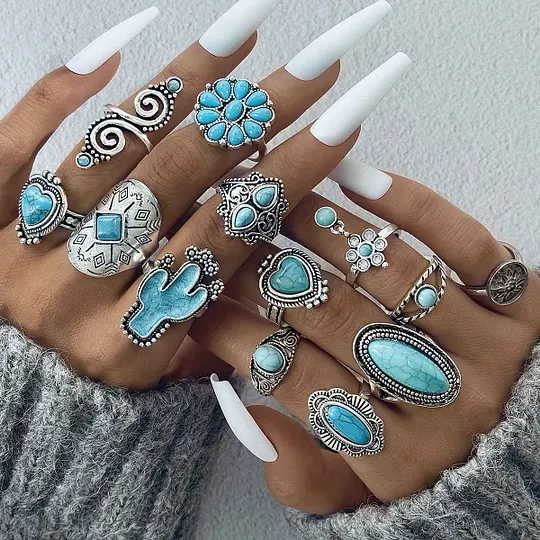 Bohemian Vintage Turquoise Cross Lightning Ring Set