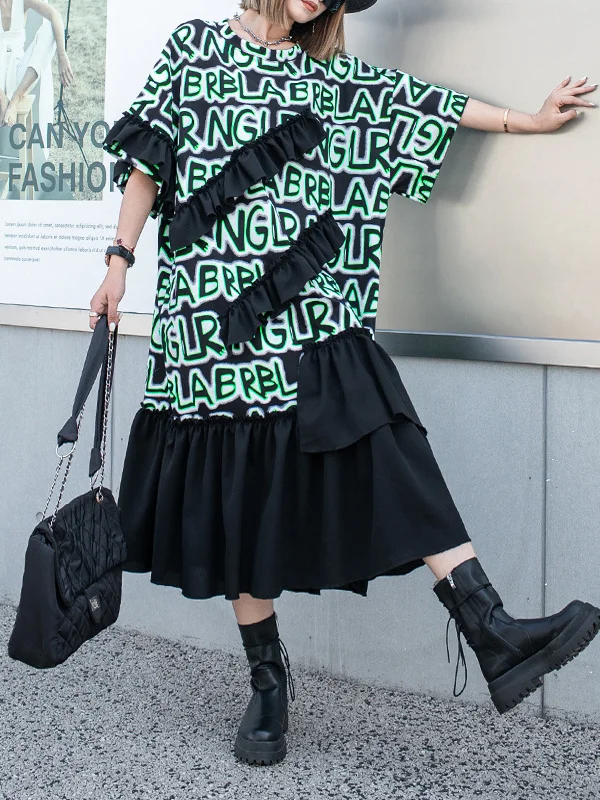 Half Sleeves Roomy Asymmetric Letter Print Pleated Split-Joint Round-Neck Midi Dresses