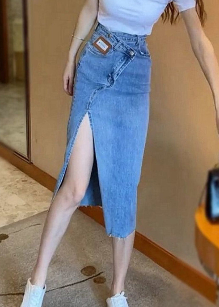 Beau Blue Buttoned Front High Waist Side Pockets Denim Maxi Skirt