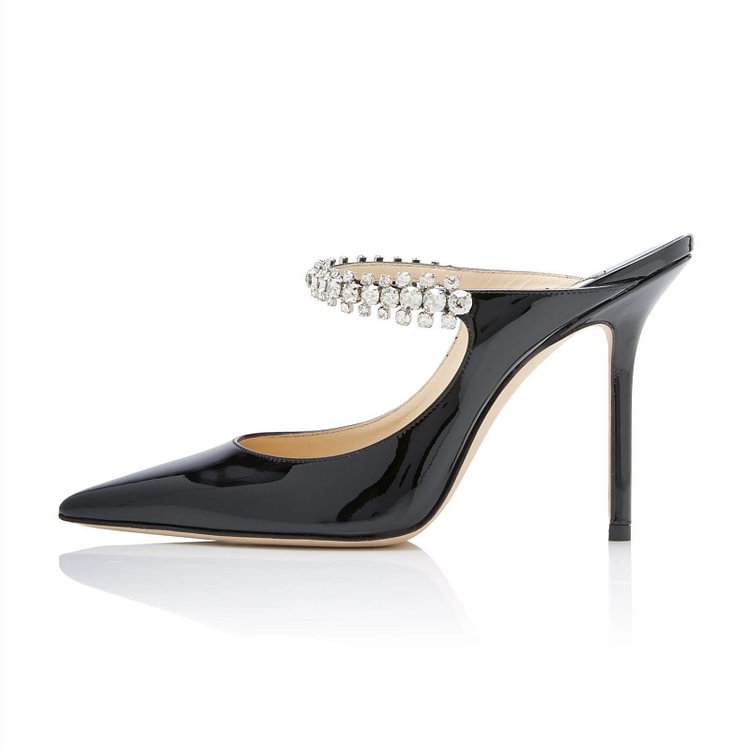 Black Crystal Embellished Stiletto Heel Mules |FSJ Shoes