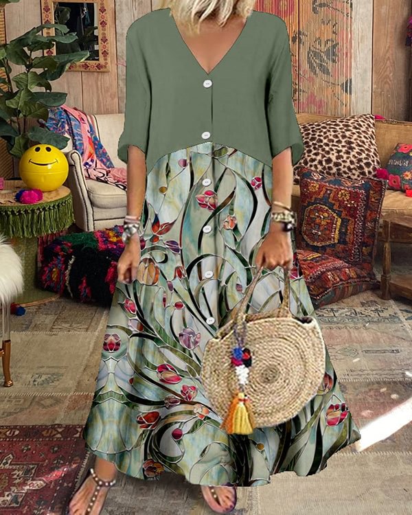 Casual Short Sleeve Printed Panel Button Maxi Dress - Chicaggo