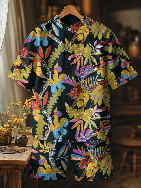 Men's Tropical Jungle Tiger And Toucan Pattern Print Half Button Shirt Set