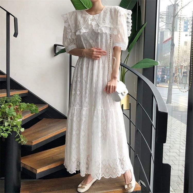 round neck temperament ruffled lace collar lace dress women - BlackFridayBuys