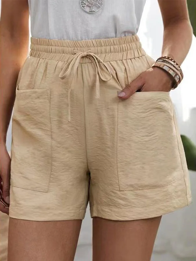 Women's Solid Pocket Drawstring Cotton Linen Shorts socialshop
