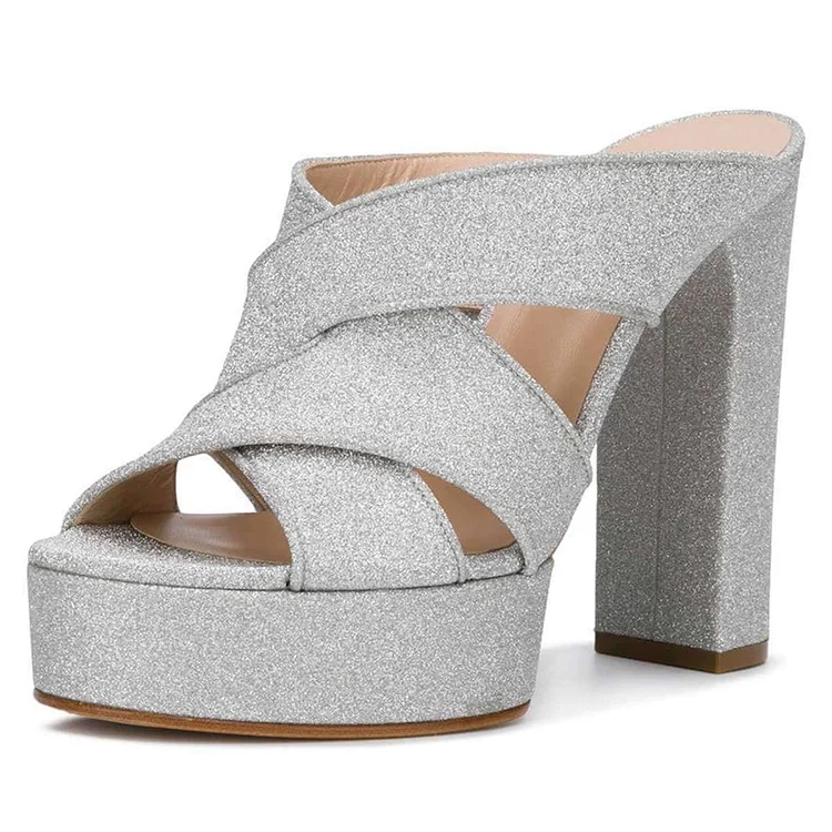 Silver Glitter Platform Mules Peep Toe Chunky Heels |FSJ Shoes