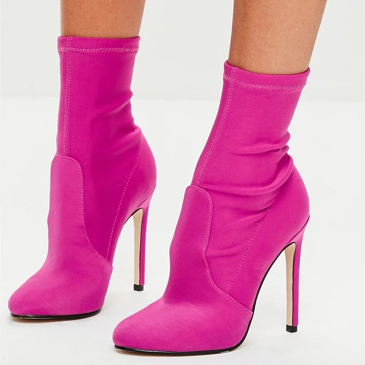 Fuchsia Round Toe Stiletto Boots Stretch Heeled Ankle Boots |FSJ Shoes