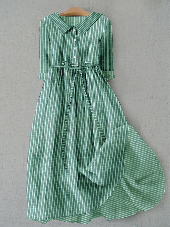 Women's Vintage Striped Design Printed Lace-Up Dress