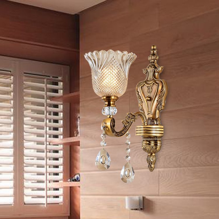 Bell Bedroom Wall Light Sconce Vintage Beveled Crystal 1 Head Brass Wall Lighting Fixture