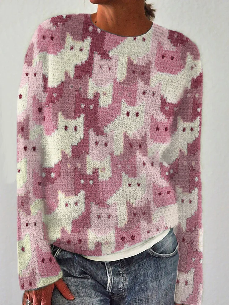 VChics Crowded Cats Pink Knit Art Cozy Sweater