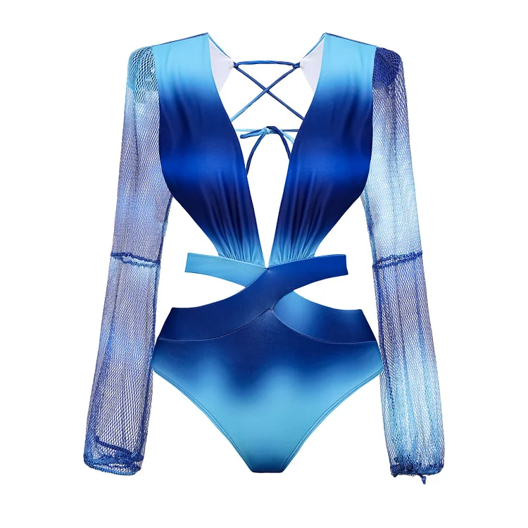 Gradient Blue Deep V Long Sleeve One Piece Swimsuit and Pants -Flaxmaker