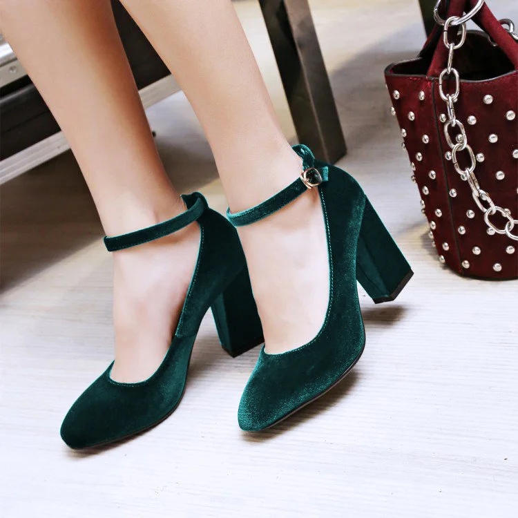 Teal Vintage Ankle Strap Pumps with Square Toe and Velvet Finish Vdcoo