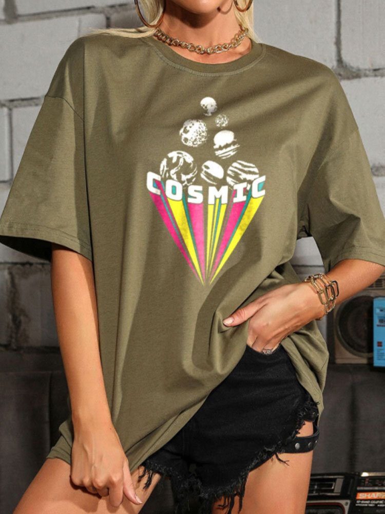 Women Cosmic Planet Print Short Sleeve O neck Loose T Shirt P1843058