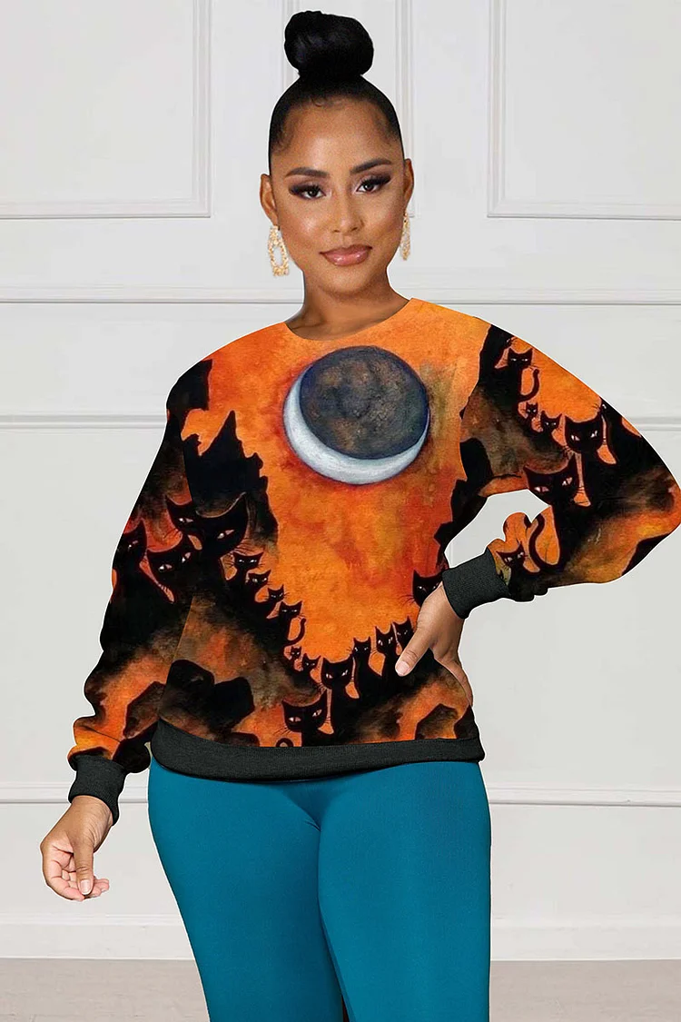 Halloween Pattern Print Round Neck Long Sleeve Sweatshirts