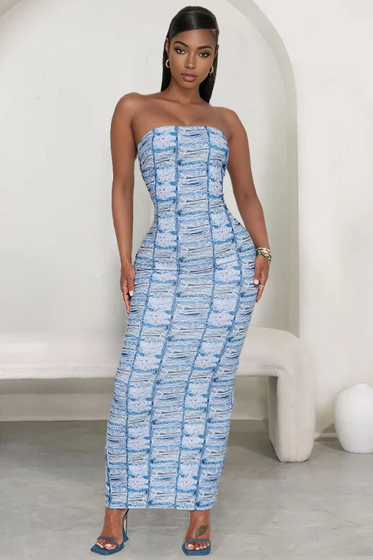 Abstract Pattern Print Strapless Bodycon Slit Maxi Dresses