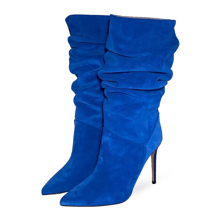Chic Blue Vegan Suede 4 Inch Python Heels Mid Calf Slouch Boots |FSJ Shoes