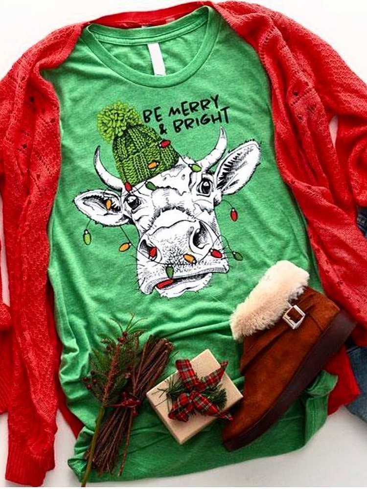 Bestdealfriday Be Merry Bright Cow Christmas Tee