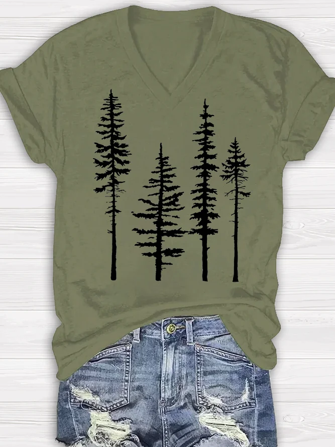 V-neck Pine Tree Print Women's T-shirt