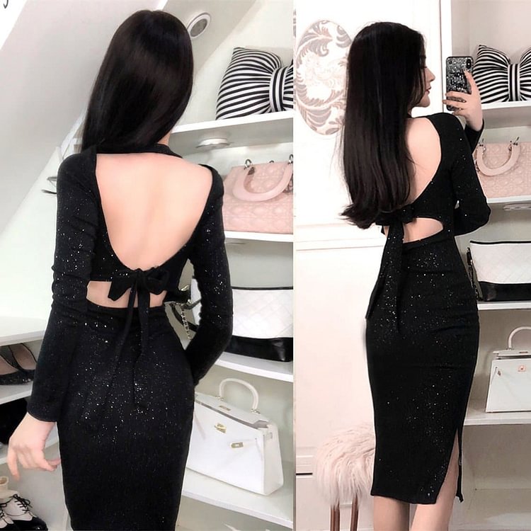 Black Fairy Shining Backless Bow Dress SP1812141